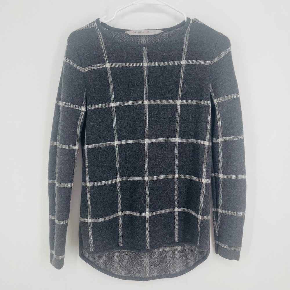 Athleta Dakota Windowpane Gray White Plaid Merino Fine Wool Sweater size XS